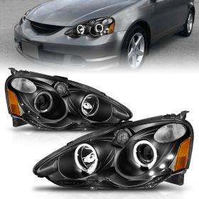 AmeriLite Projector Headlights Halo Black With Led Amber For Acura RSX - Passenger and Driver Side