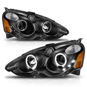 AmeriLite Projector Headlights Halo Black With Led Amber For Acura RSX - Passenger and Driver Side