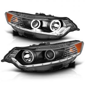 AmeriLite for 2009-2014 Acura TSX [HID Type] Xtreme LED Halo Rings Projector Black Headlights Set - Driver and Passenger Side