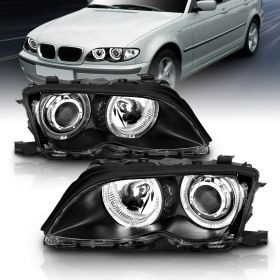 AmeriLite Projector Headlights Halo Black For BMW 3 Series E46 4 Door - Passenger and Driver Side