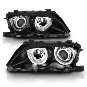 AmeriLite Projector Headlights Halo Black For BMW 3 Series E46 4 Door - Passenger and Driver Side