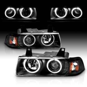 AmeriLite 1 Pc Projector Headlights G2 Halo Black Amber For BMW 3 Series E36 2 Door - Passenger and Driver Side