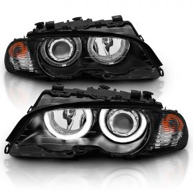 AmeriLite for 99-01 BMW 3 Series E46 (M3) 2 Door Coupe LED Halo Projector Black Headlights w/ Corner Lamp Set - Passenger and Driver Set