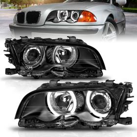 AmeriLite LED Halo Projector Black Headlights for 1999-2001 BMW 3 Series E46 2 Door Models - Passenger and Driver Side