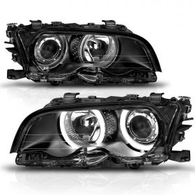 AmeriLite LED Halo Projector Black Headlights for 1999-2001 BMW 3 Series E46 2 Door Models - Passenger and Driver Side
