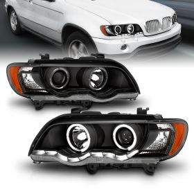 AmeriLite Black LED Bar Dual Halo Projector Replacement Headlights Set For 01-03 BMW X5 E53 - Passenger and Driver Side