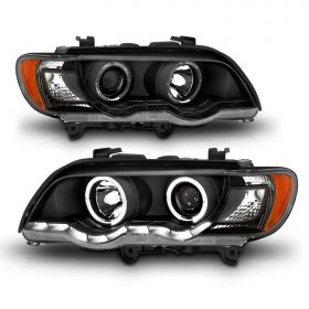 AmeriLite Black LED Bar Dual Halo Projector Replacement Headlights Set For 01-03 BMW X5 E53 - Passenger and Driver Side