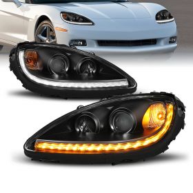AmeriLite 2006 - 2013 LED DRL Switchback For Chevy Corvette Black Projector Headlights. 2005 Compatible with 06 Ballast