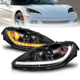 AmeriLite for 2005-2013 Chevy Corvette C6 SwitchBack+Sequential LED DRL Black Projector Replacement Headlights Set - Passenger and Driver Side