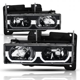 AmeriLite Black Replacement Headlights LED Halo Bar For Chevy/GMC Fullsize Truck SUV - Passenger and Driver Side