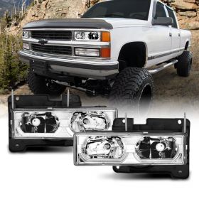 AmeriLite Chrome Crystal Replacement Headlights LED Halo Pair For Chevy Fullsize - Passenger and Driver Side