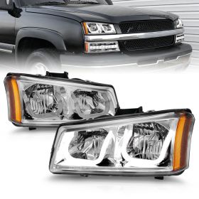 AmeriLite for 2003-2006 Chevy Silverado 1500 2500 3500 | Avalanche U-Type LED Bars Chrome Replacement Headlights Pair - Driver and Passenger Side