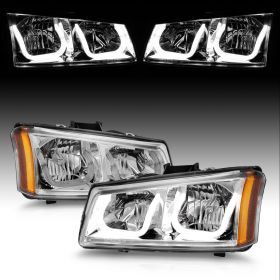 AmeriLite for 2003-2006 Chevy Silverado 1500 2500 3500 | Avalanche U-Type LED Bars Chrome Replacement Headlights Pair - Driver and Passenger Side