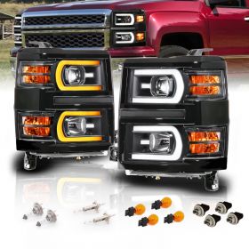 AmeriLite for 2014-2015 Silverado 1500 Pickup Sequential Switchback LED Tube Square Projector Black Replacement Headlights Pair - Driver and Passenger Side