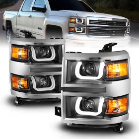 AmeriLite for 2014-2015 Chevy Silverado 1500 Pickup Truck U-Type LED Tube Quad Projector Silver Bezel Black Replacement Headlights Pair - Driver and Passenger Side
