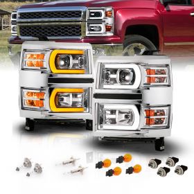 AmeriLite for 2014 2015 Silverado 1500 Pickup Switchback LED Square Projector Chrome Headlights Pair + Sequential Turn Signal Light - Driver and Passenger Side