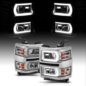 AmeriLite for 2014 2015 Silverado 1500 Pickup Switchback LED Square Projector Chrome Headlights Pair Turn Signal Light - Driver and Passenger Side