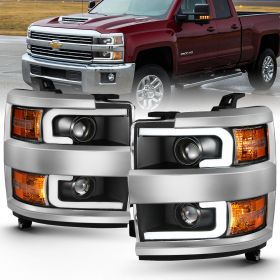 AmeriLite for 2015-2019 Chevy Silverado 2500HD 3500HD Work Truck Black Quad Projector Headlights w/Dual LED Tube Replacement Assembly Set - Passenger and Driver Side