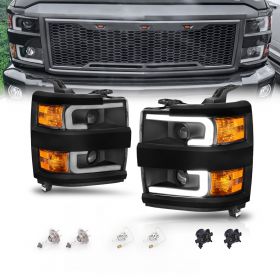 AmeriLite for 2015-2019 Chevy Silverado 2500HD 3500HD Work Truck w/Dual LED Tube All Dark Black Quad Projector Replacement Headlights Set - Passenger and Driver Side