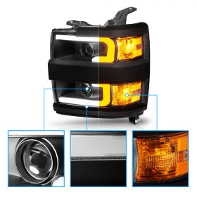 AmeriLite for 2015-2019 Chevy Silverado 2500HD 3500HD Pickup w/Switchback LED Tube All Dark Black Quad Projector Headlights Assembly Set - Passenger and Driver