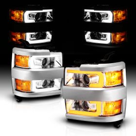 AmeriLite for 2015-2019 Chevy Silverado 2500HD 3500HD Work Truck Chrome Quad Projector Headlights w/Dual LED Tube Replacement Assembly Set - Passenger and Driver Side
