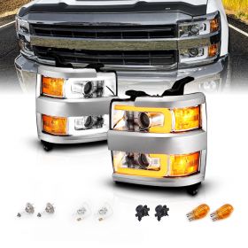 AmeriLite for 2015-2019 Silverado 2500HD 3500HD Pickup Dual Switchback LED Tube Chrome Projector Replacement Headlights Assembly Set - Passenger and Driver Side