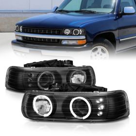 AmeriLite Black Projector Headlights Halo For Chevy Silverado - Passenger and Driver Side