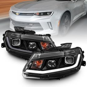 AmeriLite for 2016 2017 2018 Chevy Camaro Headlights Black Dual Quad Projectors w/LED Tube Replacement Assembly Set - Driver and Passenger Side
