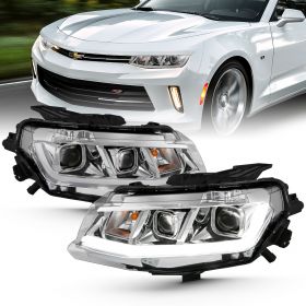 AmeriLite for 2016 2017 2018 Chevy Camaro Headlights Chrome Dual Quad Projectors w/LED Tube Replacement Assembly Set - Driver and Passenger Side