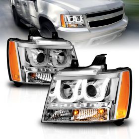 AmeriLite for 2007-2013 Chevy Avalanche Suburban Tahoe Dual U-Type LED Bar Projector Chrome Headlights Pair - Passenger and Driver Side