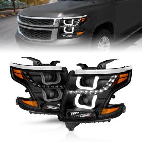 AmeriLite for 2015-2020 Chevy Tahoe Suburban Projector Black Headlights Set w/Dual U-Type LED DRL - Passenger and Driver Side