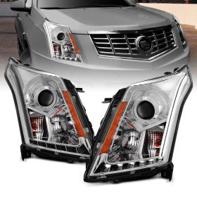 AmeriLite Chrome Projector Replacement Headlights Plank LED Bar Set for 2010-2016 Cadillac SRX Halogen Bulb Version only - Passenger and Driver Side