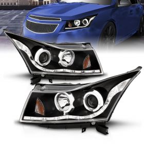 AmeriLite Projector Headlights Halo Black (Led Eyebrow Design) For Chevy Cruze - Passenger and Driver Side