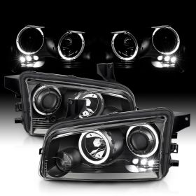AmeriLite Black Dual LED Halo Projector Replacement Headlights Set For 06-10 Dodge Charger - Passenger and Driver Side