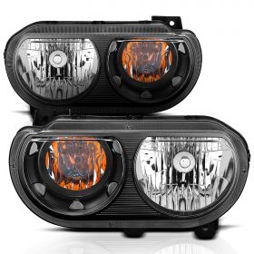 AmeriLite Black Replacement Headlights For 2009-2014 Dodge Challenger (Pair) High/Low Halogen Bulb Included
