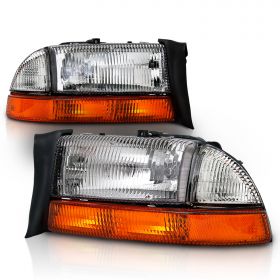 AmeriLite Chrome Headlights Parking Turn Signal Sets (4Pc) For Dodge Dakota / Durango (Pair) w/ Mounting Bracket