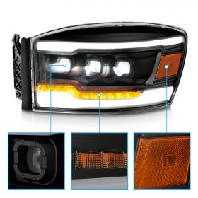AmeriLite for 2006-2008 Dodge Ram 1500 2500 3500 Pickup [Full LED] Sequential Black Tri-Projector Headlights - Passenger and Driver Side