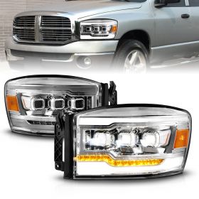 AmeriLite for 2006-2008 Dodge Ram 1500 2500 3500 Pickup [Full LED] Sequential Chrome Triple Square Projector Headlights - Passenger and Driver Side