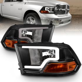 AmeriLite LED Plank Bar Black Replacement Headlights Assembly for Dodge Ram 1500 2500 3500 Driver and Passenger Side Set