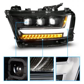 AmeriLite for 2019-2023 Ram 1500 Sequential LED DRL Light Tube Triple Square Projector Black Headlight Set - Passenger and Driver Side