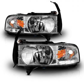 AmeriLite Chrome 1pc Replacement Headlights w/ Corner LED Parking Lamp Assembly Set for 1994-2001 Dodge Ram 1500 2500 3500 - Passenger and Driver Side