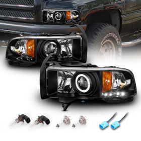 AmeriLite for Dodge Ram 1500 2500 3500 Pickup Dual LED Halos Projector Chrome Replacement Headlights Assembly Set - Passenger and Driver Side