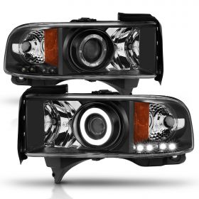 AmeriLite for Dodge Ram 1500 2500 3500 Pickup Dual LED Halos Projector Chrome Replacement Headlights Assembly Set - Passenger and Driver Side