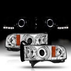 AmeriLite for 1994-2001 Dodge Ram 1500 2500 3500 Pickup Dual LED Halos Projector Black Replacement Headlights Assembly Set - Passenger and Driver Side