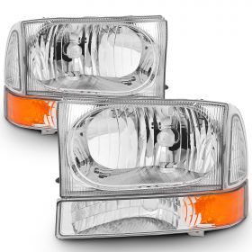AmeriLite Headlights Replacement W/Corner Light Chrome Amber For Ford Excursion / Super Duty F250, F350, F450 - Passenger and Driver Side