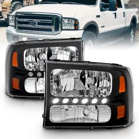 AmeriLite Black Replacement Headlights 1pc LED Running Light for Ford Excursion / Super Duty (Pair) Not compatible with Seal Beam lamp version