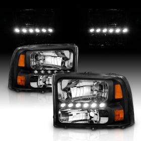 AmeriLite Black Replacement Headlights 1pc LED Running Light for Ford Excursion / Super Duty (Pair) Not compatible with Seal Beam lamp version