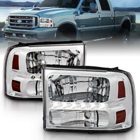 AmeriLite Chrome Replacement Headlights Assemblies LED Parking Lamp Set for 1999-2004 Ford Super Duty / 00-01 Excursion - Passenger and Driver Side