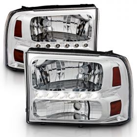 AmeriLite Chrome Replacement Headlights Assemblies LED Parking Lamp Set for 1999-2004 Ford Super Duty / 00-01 Excursion - Passenger and Driver Side