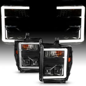 AmeriLite for 2008-2010 Ford F250 F350 Super Duty C-Type LED Tube Dual Square Projector Black Replacement Headlights Set - Passenger and Driver Side
